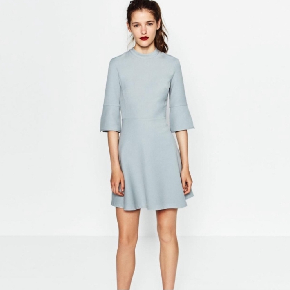 ZARA Basic Collection Fit & Flare Dress Gray Split Bell Sleeves Mock Neck Sz SM